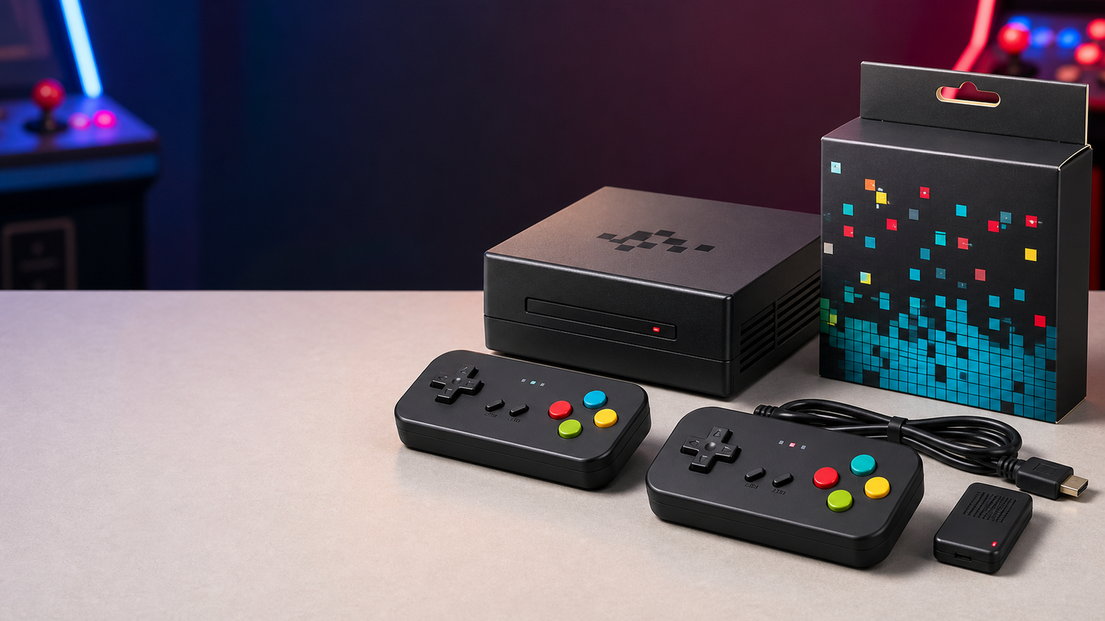 Retro game console bundle with two controllers