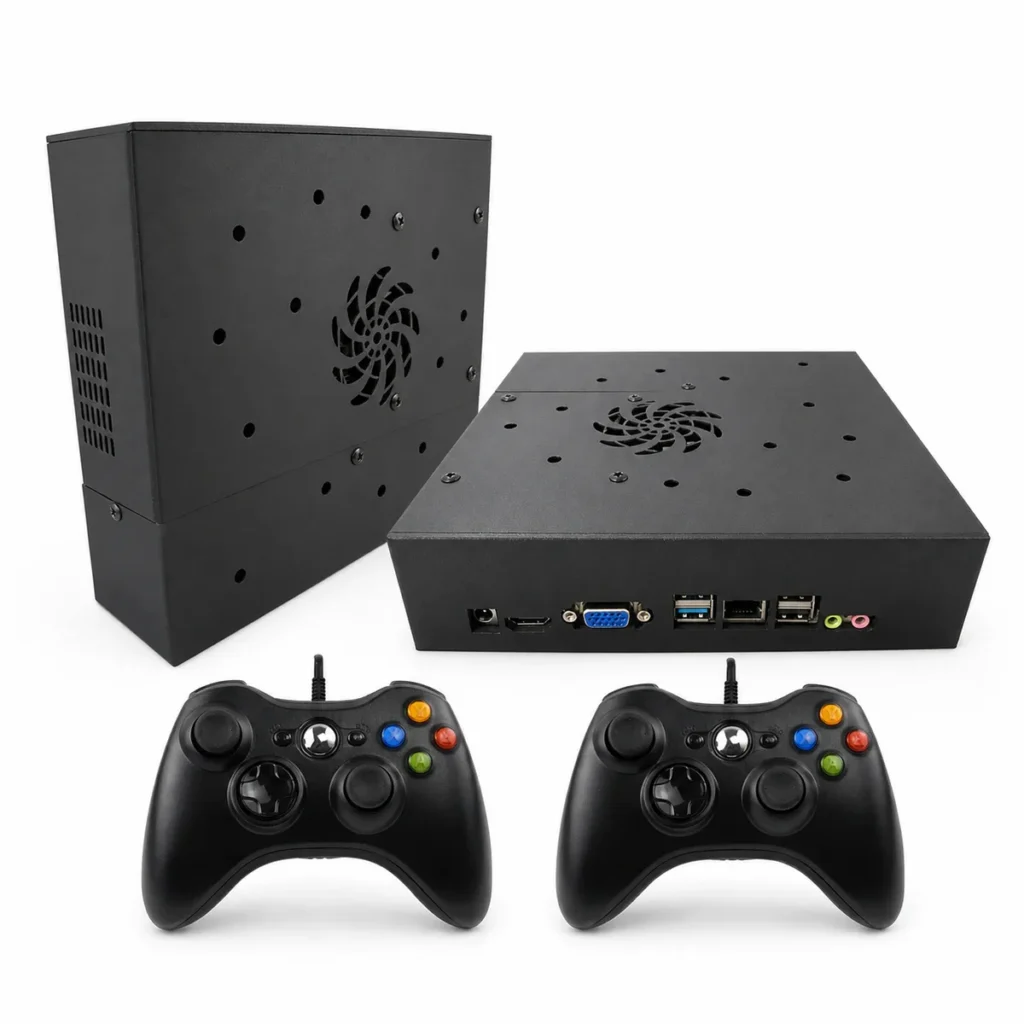 8BIT GAMEBOX X8 Game Box retro gaming hardware with two wired controllers on a white background